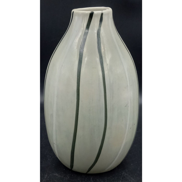 Pretty Lt Sage Green Iridescent Small Vase with Green & White Vertical Lines 5" - Picture 4 of 8